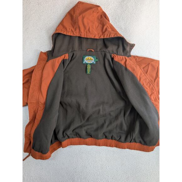 Cabelas Jacket Mens Large Orange Canvas Zip Up Hooded Lined Cowl Neck Winter - Picture 14 of 16